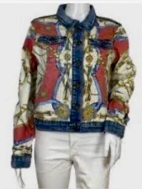 Desigual Red, Blue & Cream Printed Denim-Trim Jean Jacket